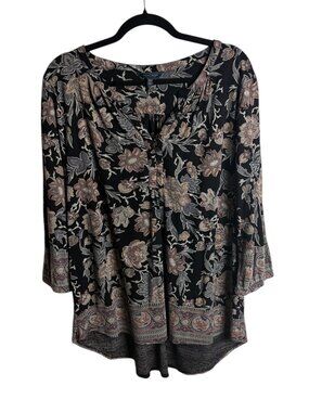 Lucky Brand Size 1x Black Floral Tunick Blouse Boho Henley 3/4 Sleeve Office